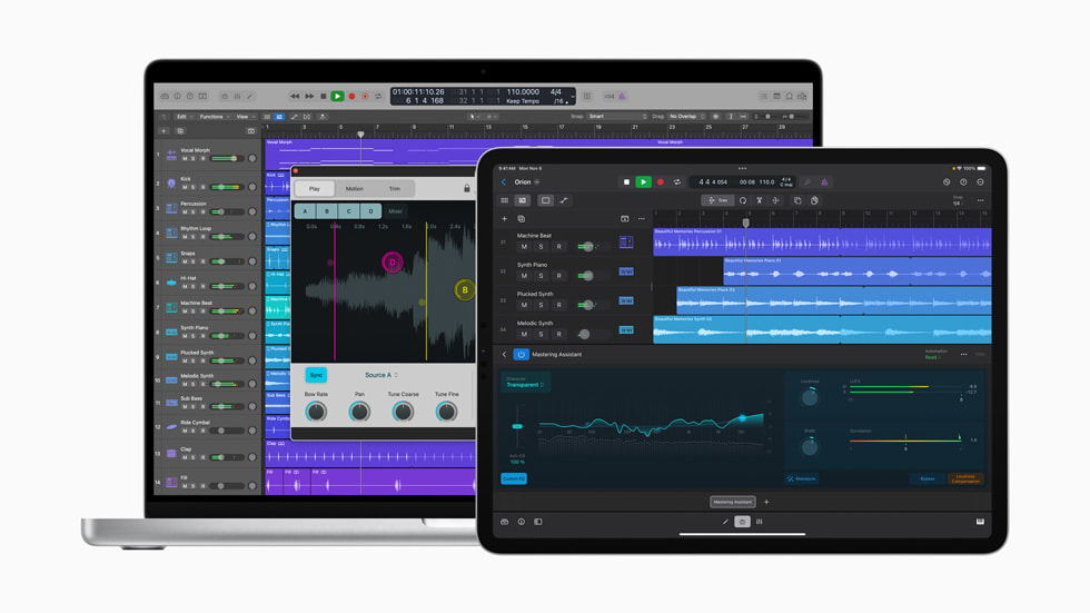 The updated Logic Pro experience is shown on Mac and iPad.
