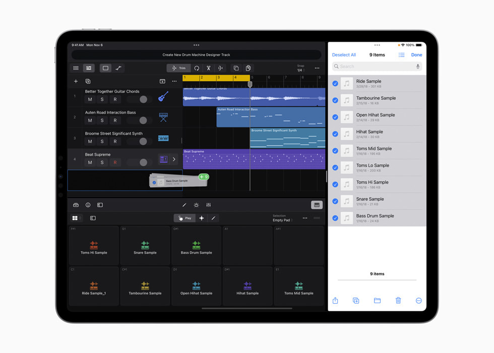 一位使用者將檔案拖曳到 iPad 版 Logic Pro。