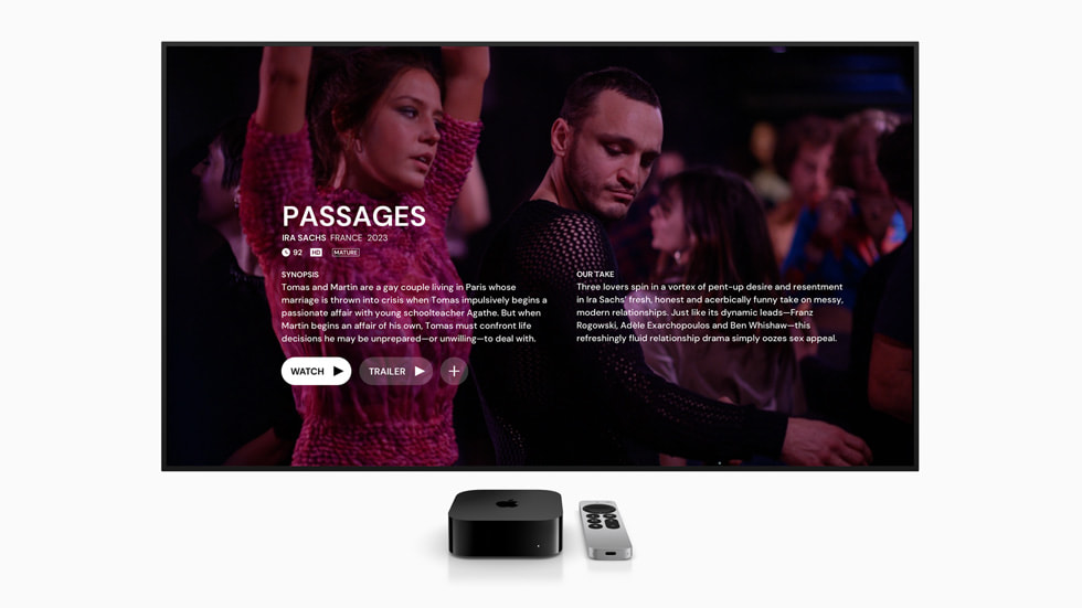 《MUBI》app 顯示於一台連接至 Apple TV 的電視上。