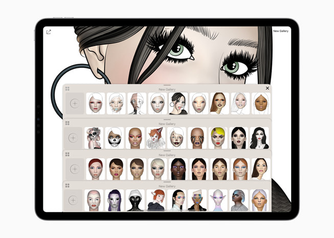 iPad Pro’da Prêt-à-Makeup uygulaması gösteriliyor. 
