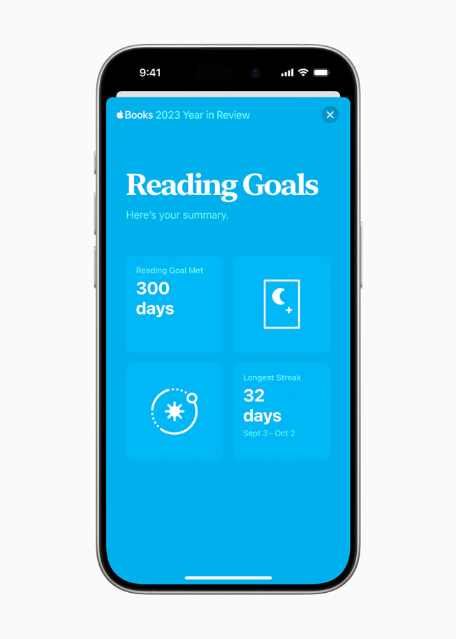 A user’s 2023 Year in Review Reading Goals summary is shown in Apple Books on iPhone 15 Pro.