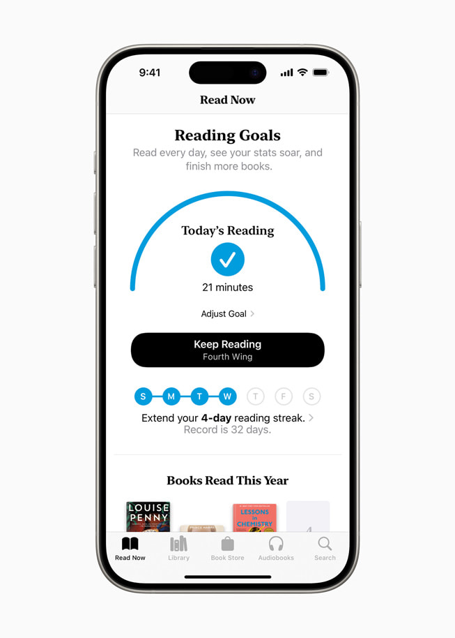 A user’s Reading Goals overview is shown in Apple Books on iPhone 15 Pro.