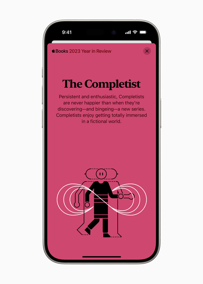 The Completist reader type is shown in Apple Books on iPhone 15 Pro.
