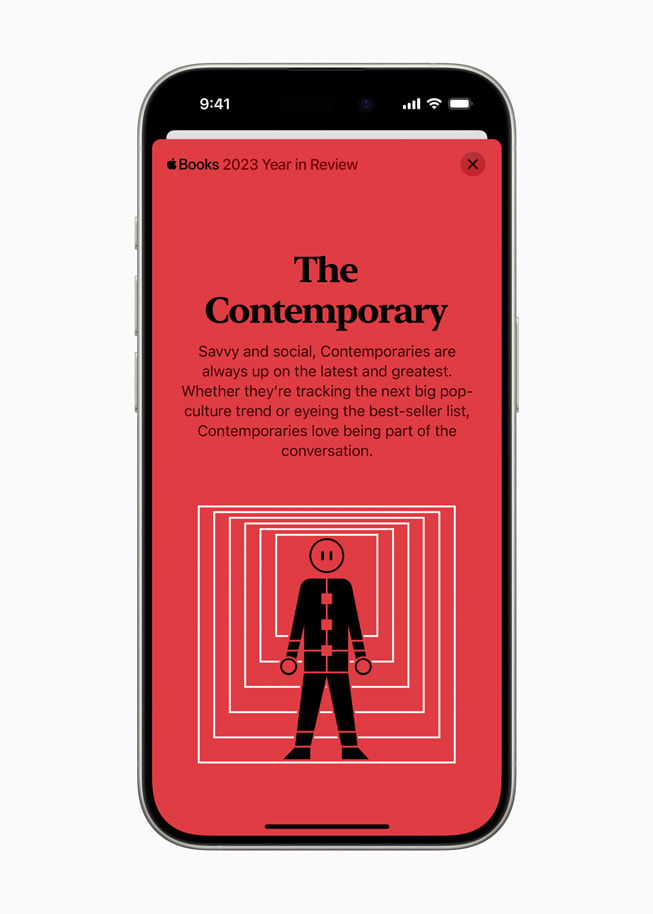 The Contemporary reader type is shown in Apple Books on iPhone 15 Pro.