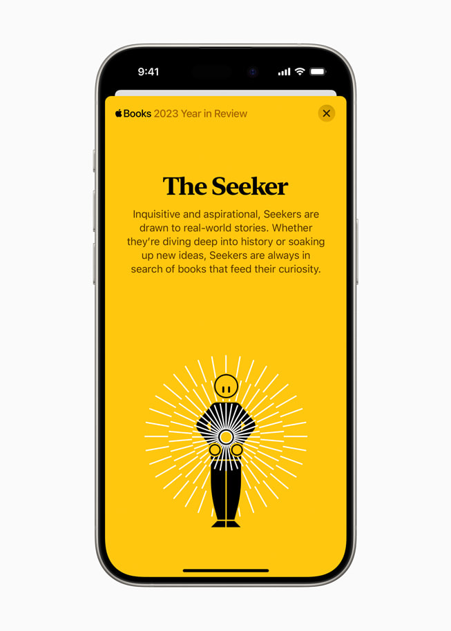 The Seeker reader type is shown in Apple Books on iPhone 15 Pro.