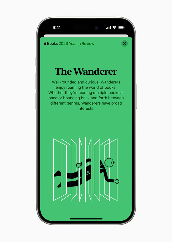 The Wanderer reader type is shown in Apple Books on iPhone 15 Pro.