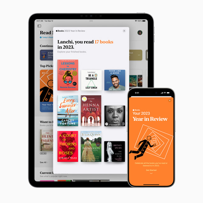 A user’s Year in Review is shown in Apple Books on 11-inch iPad Pro and iPhone 15 Pro.