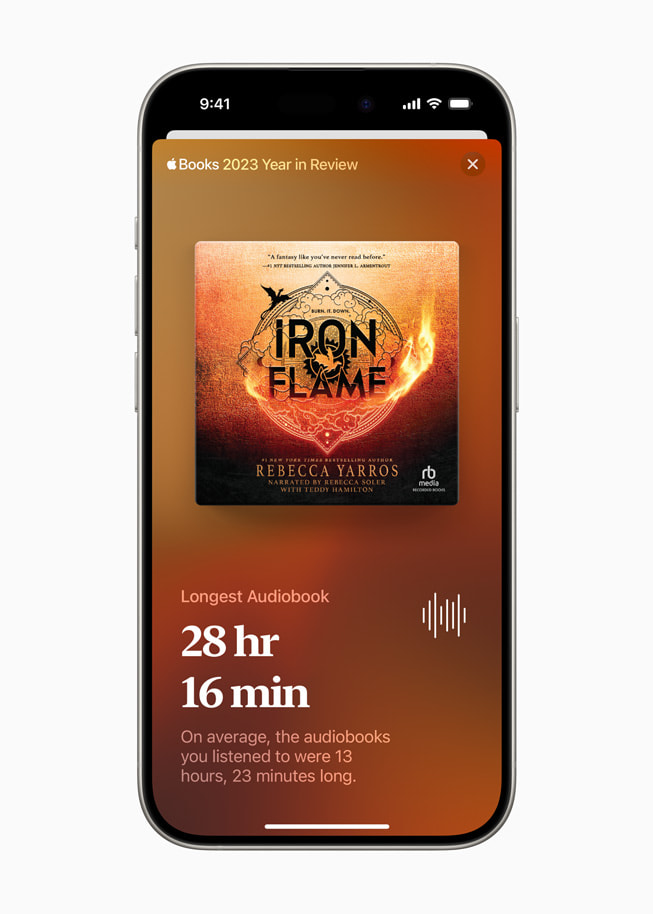 A user’s longest audiobook is shown in Apple Books on iPhone 15 Pro.