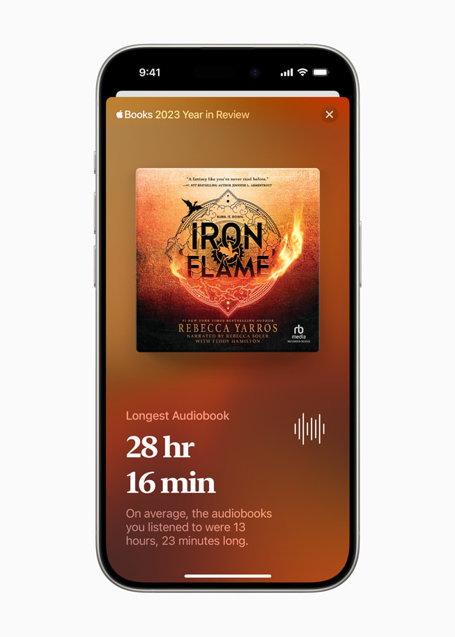 Le plus long livre audio écouté par une personne dans Apple Books, vu sur iPhone 15 Pro.
