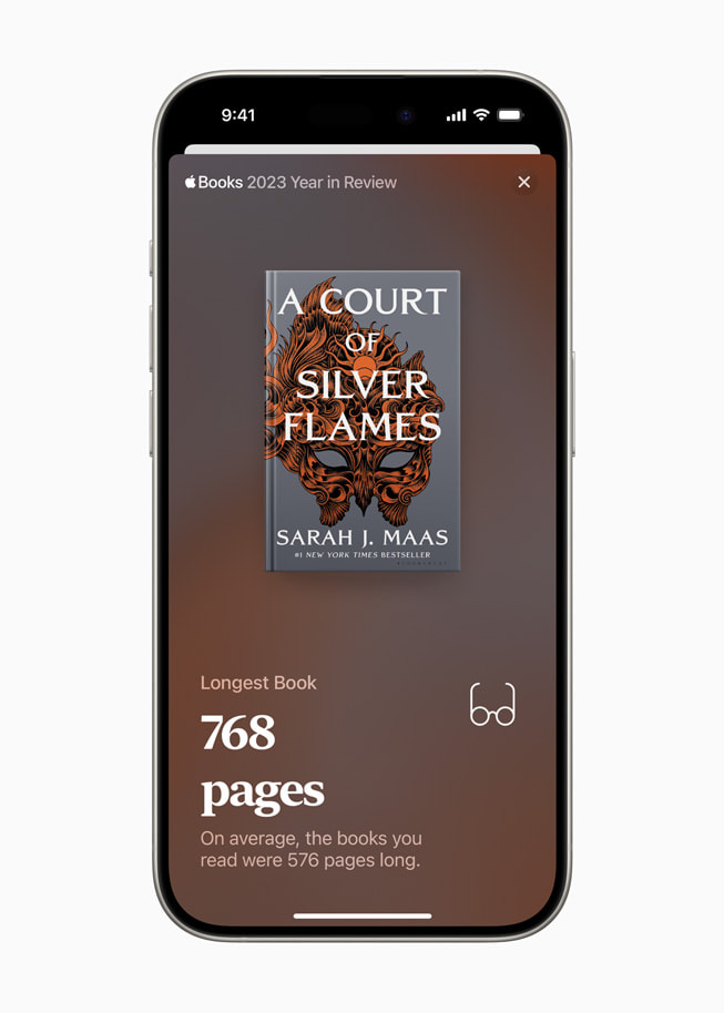 A user’s longest book is shown in Apple Books on iPhone 15 Pro.