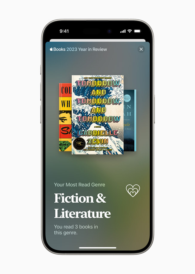 A user’s most-read genre is shown in Apple Books on iPhone 15 Pro.