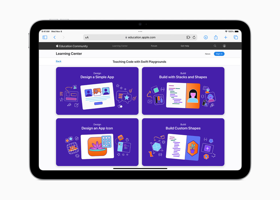 Quatre projets La programmation pour tous montrés sur iPad : Concevoir une app simple; Programmer avec des piles et des formes; Programmer des formes uniques; et Concevoir une icône d’app.