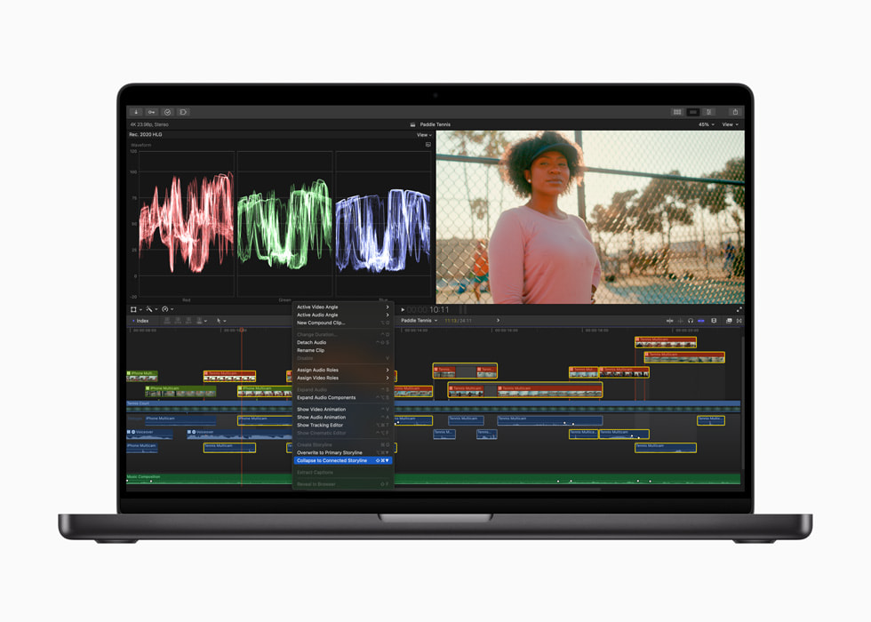 Imagen del menú «Collapse to Connected Storyline» en un proceso de Final Cut Pro para el Mac.