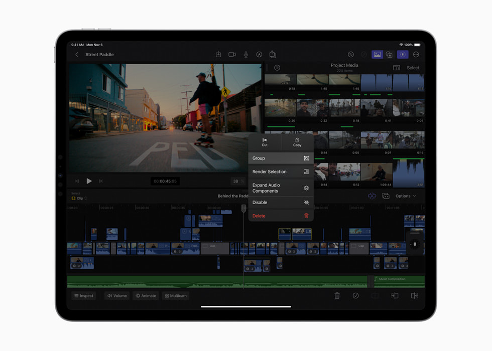 A user’s connected clips are shown as part of a Final Cut Pro for iPad workflow.