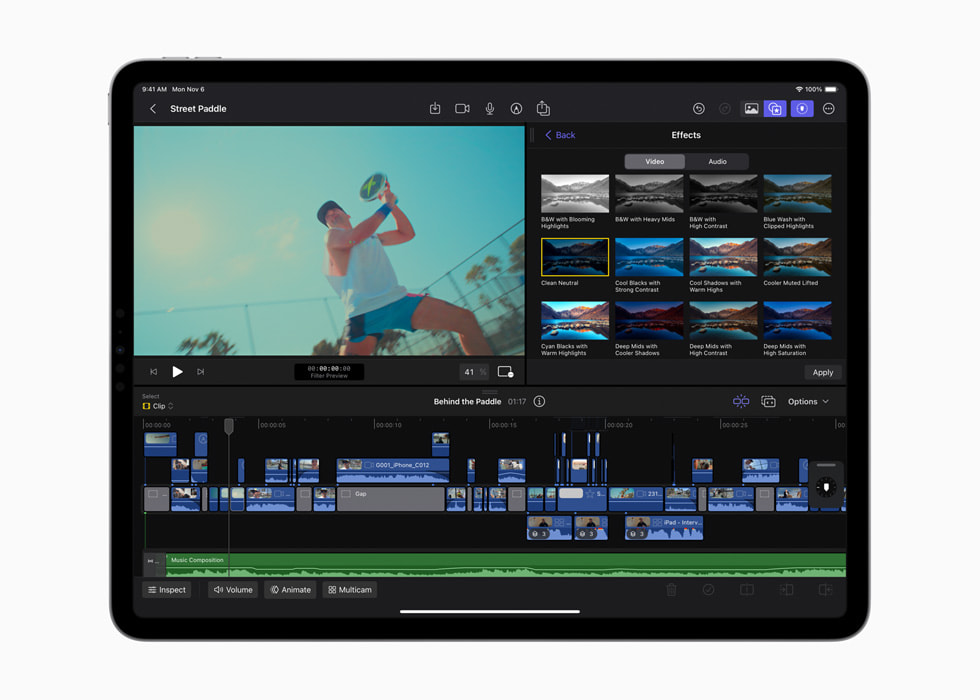 A menu of colour-grading presents is shown as part of a Final Cut Pro for iPad workflow.