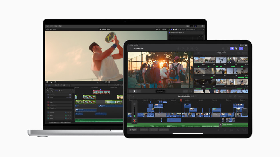 MacBook Pro 和 iPad 分別展示更新後的 Mac 與 iPad 版 Final Cut Pro。