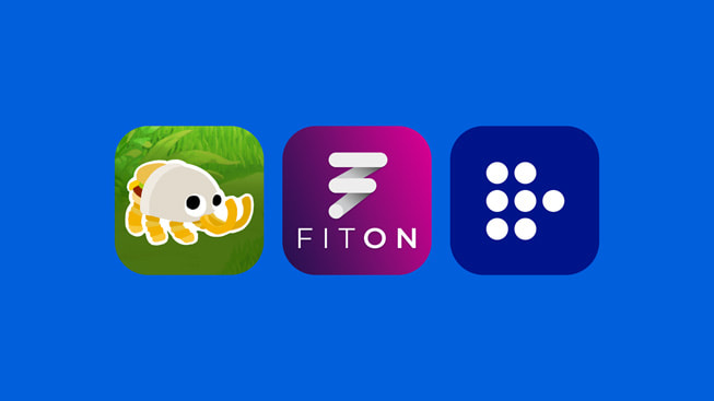 De logo’s van de apps Bugsnax, FitOn en MUBI.