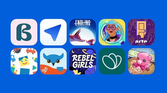 Top row, from left to right: app logos for Balance, Copilot, Endling, Finding Hannah, and How to Say Goodbye. Bottom row, from left to right: app logos for Pok Pok, Proloquo, Rebel Girls, Too Good To Go, and Unpacking.