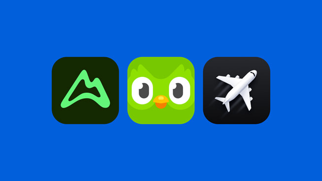 《AllTrails》、《多鄰國 - 極速學外語》和《Flighty》的 app 圖像。