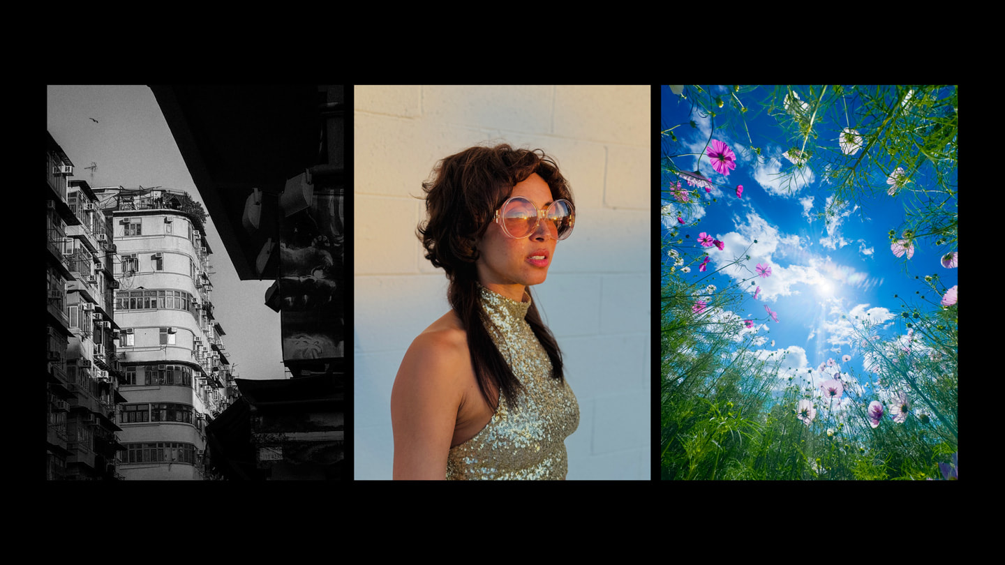 Trois clichés pris avec iPhone 15 Pro Max : une photo noir et blanc d’un immeuble, un portrait d’une personne portant des lunettes de soleil et une robe à paillettes, et une photo avec des fleurs qui se dressent vers un ciel bleu nuageux.