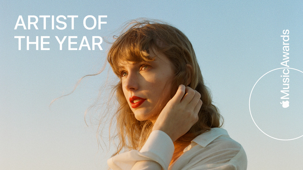 Imagem mostrando uma foto de Taylor Swift com as palavras “Artista do Ano”, o logotipo da Apple e as palavras “Music Awards”. 