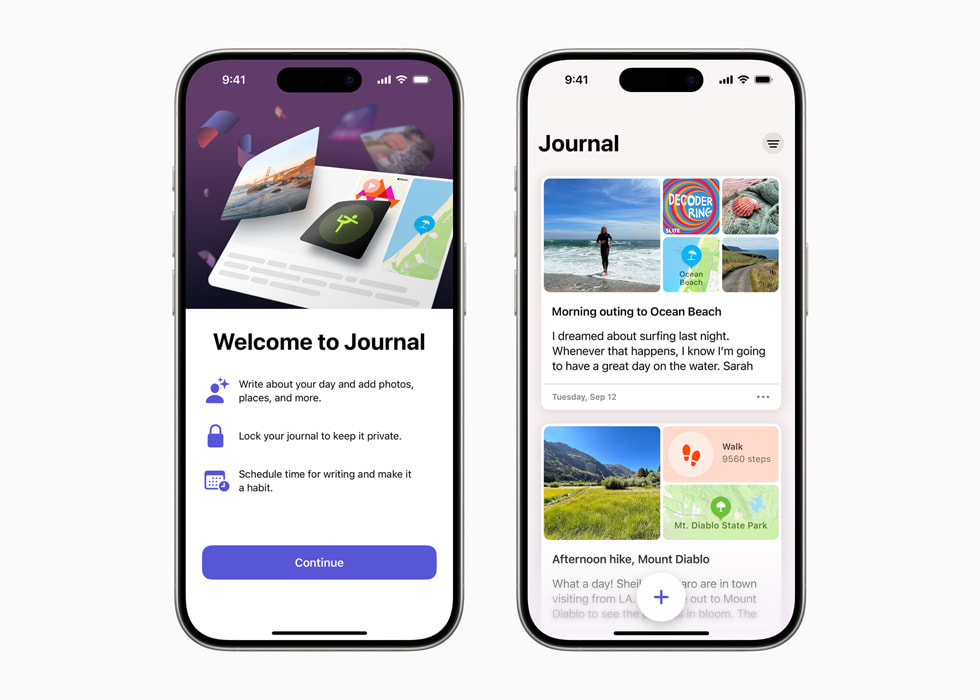 Zwei iPhone 15 Pro mit der Benutzeroberfläche der Journal App.