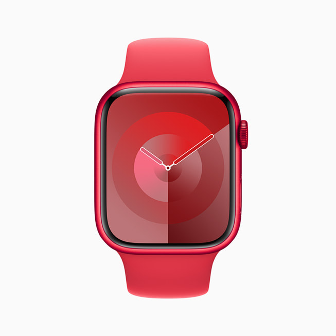 Il quadrante Palette in rosso su un Apple Watch Series 9 (PRODUCT)RED.