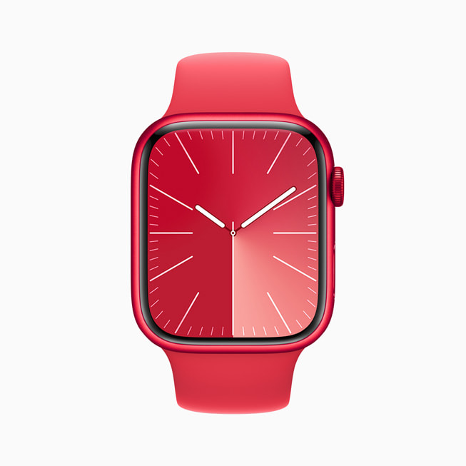 The Solar Analogue watch face in red displayed on Apple Watch Series 9.