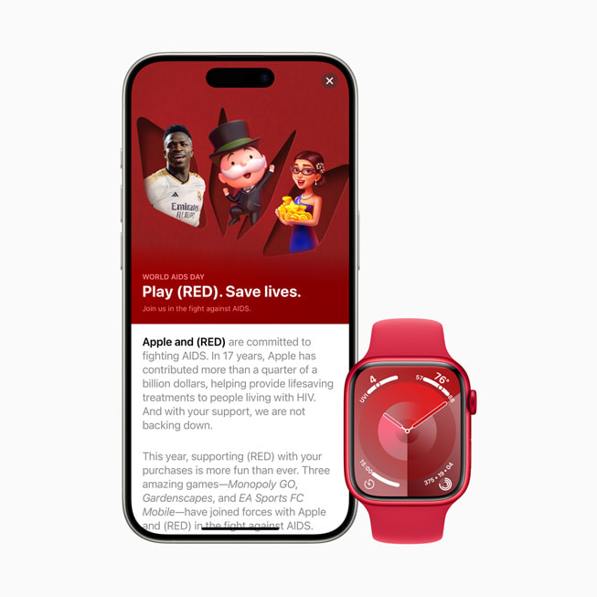 La página del App Store dedicada al Día Mundial del Sida vista en un iPhone 15 Pro y la esfera Solar (Analógico) vista en un Apple Watch Series 9 (PRODUCT)RED.