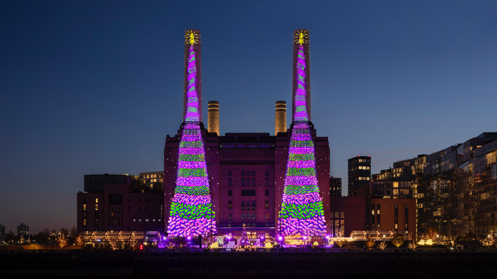 Two chimneys on London’s Battersea Power Station are decorated with lights shaped like a pair of Christmas trees.