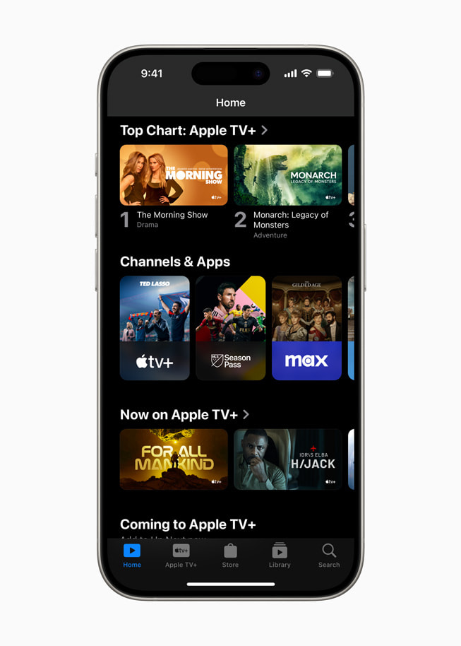 The updated Apple TV app is shown on iPhone 15 Pro.