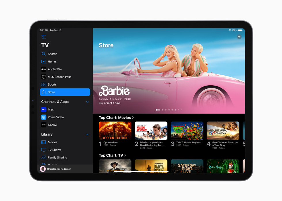 The redesigned Apple TV app’s Store interface is shown on iPad Pro.