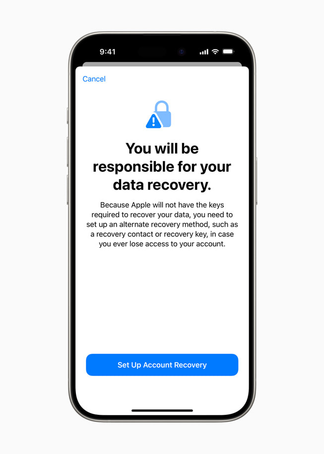 A user is prompted to set up Account Recovery on their iPhone 15 Pro.