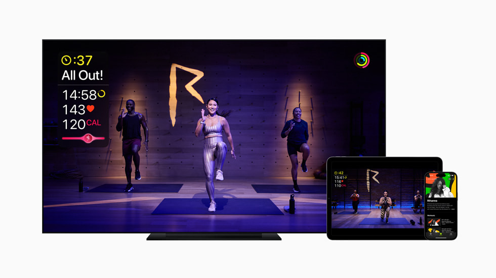An Artist Spotlight workout is shown on Apple TV, iPad, and iPhone.