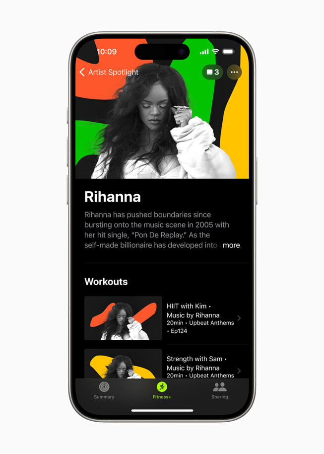 Une séance Artiste à l’honneur sur la musique de Rihanna est affichée dans Apple Fitness+ sur un iPhone.