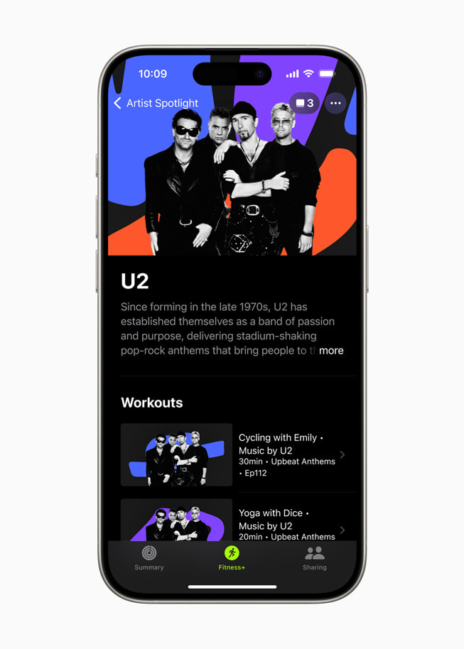 Un allenamento Artista in primo piano con gli U2 mostrato in Apple Fitness+ su iPhone.