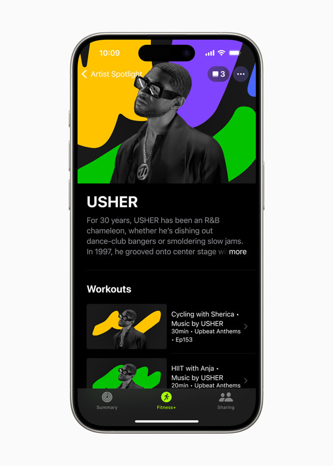 Un allenamento Artista in primo piano con USHER mostrato in Apple Fitness+ su iPhone.