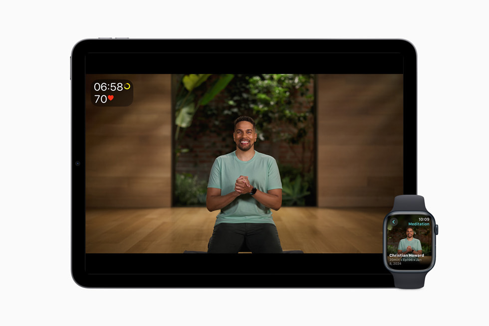 O temă de meditație sonoră cu Christian Howard este afișată pe iPad și Apple Watch.