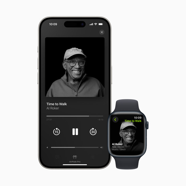 L’épisode de Marcher avec Al Roker est affiché sur un iPhone et une Apple Watch.