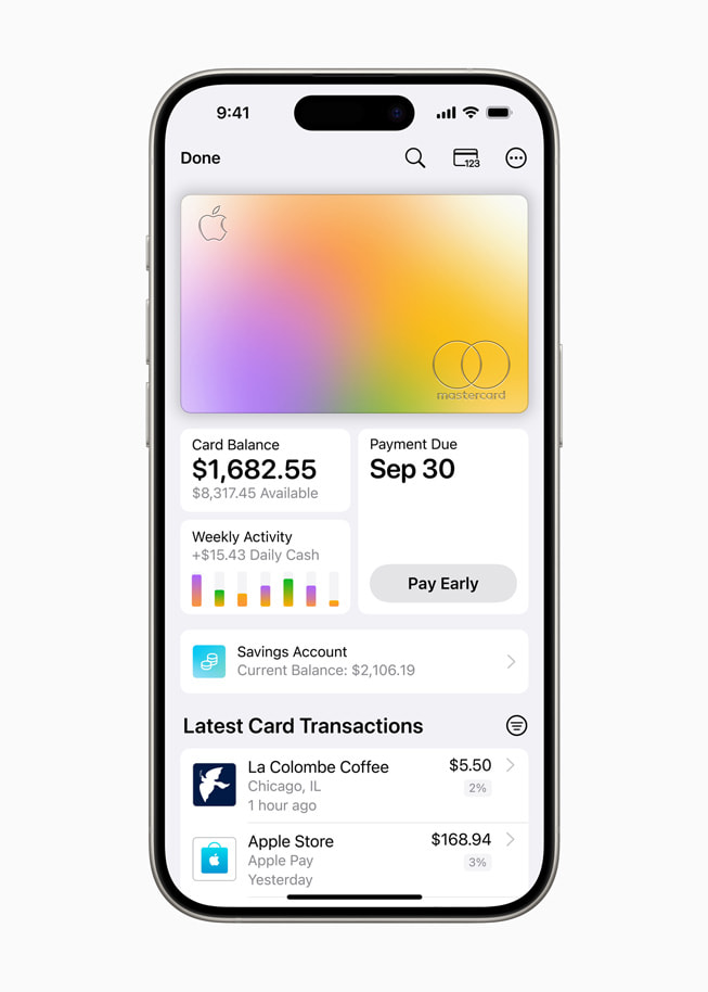 The Apple Wallet interface is shown on iPhone 15 Pro.