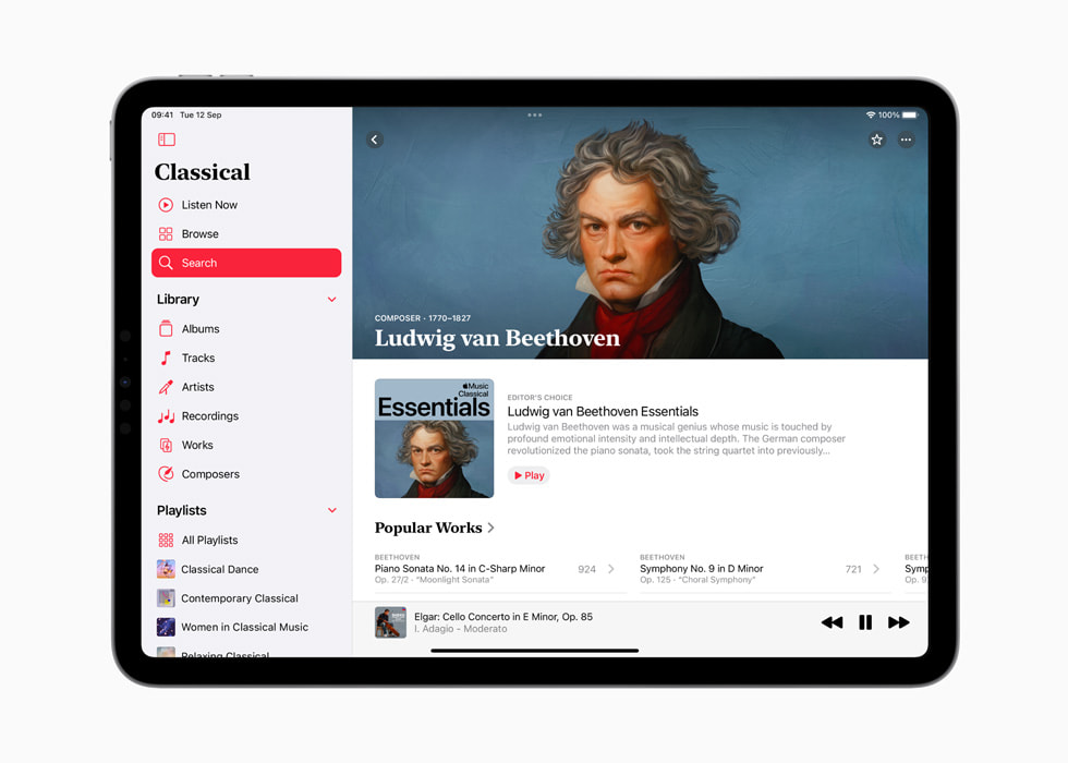 On iPad, a screen from Apple Music Classical shows the app’s interface and an illustration of Beethoven.