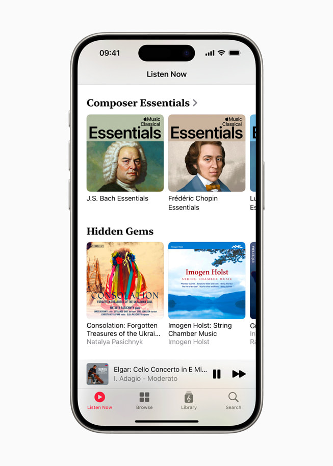 Playlists and albums are shown in Apple Music Classical on iPhone 15 Pro.