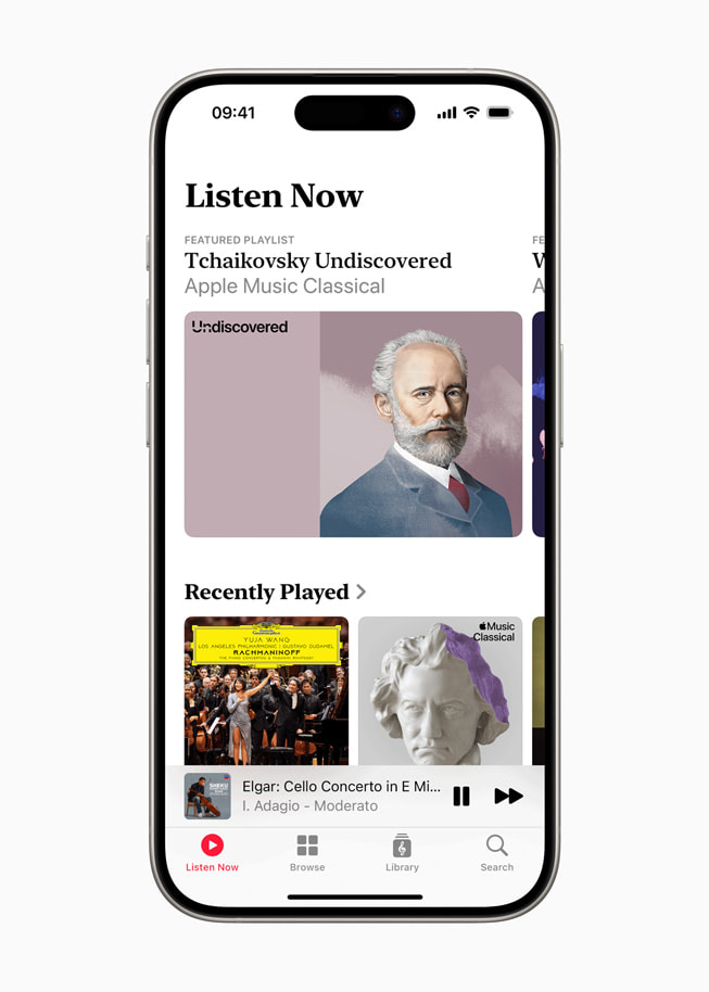 The Listen Now page in Apple Music Classical is shown on iPhone 15 Pro.