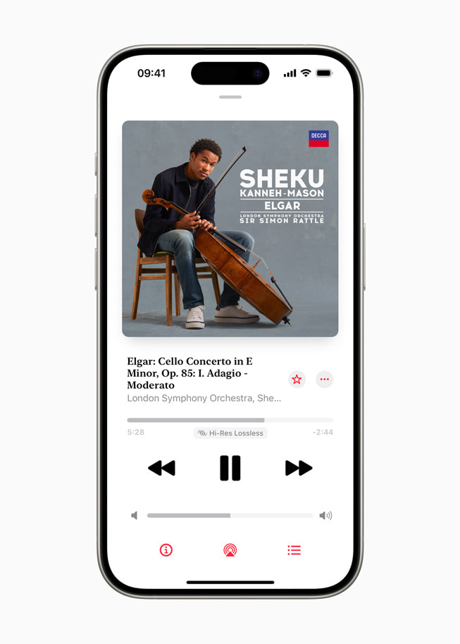 The now playing experience in Apple Music Classical is shown on iPhone 15 Pro.