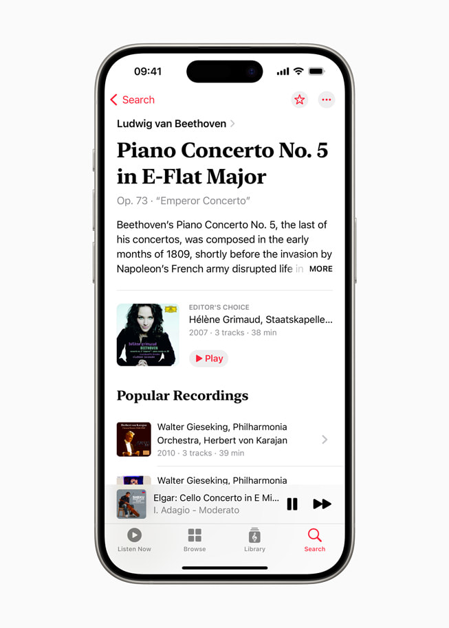 A description of key works in Apple Music Classical is shown on iPhone 15 Pro.