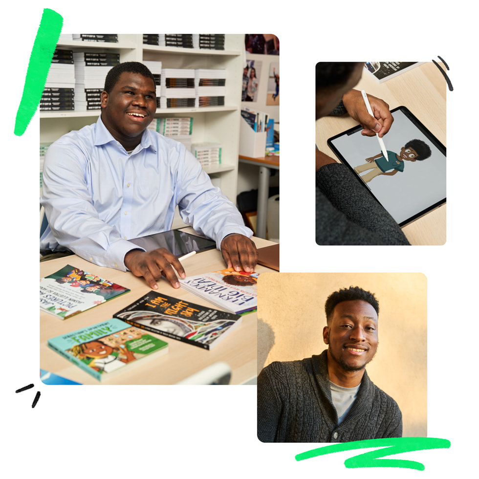 A collage of three images: On the left, a Shout Mouse author sits at a table with an array of books; in the top-right corner, an illustrator works with iPad and Apple Pencil; and in the bottom-right corner, a portrait of a Shout Mouse illustrator.