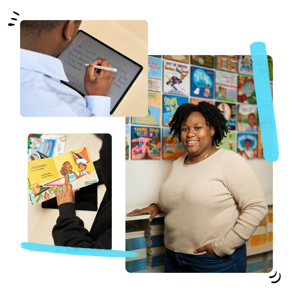 Ett kollage med tre bilder: Uppe till vänster en person som använder Apple Pencil och iPad, nere till vänster en deltagare som bläddrar i en bilderbok och till höger en deltagare som poserar framför en vägg med böcker från Shout Mouse Press.