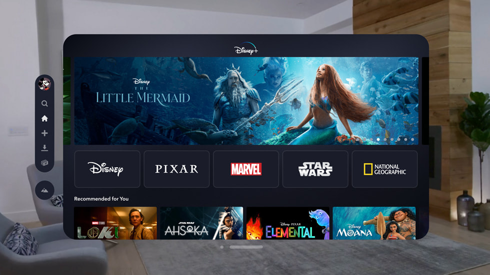 The Disney+ app displayed on Apple Vision Pro.
