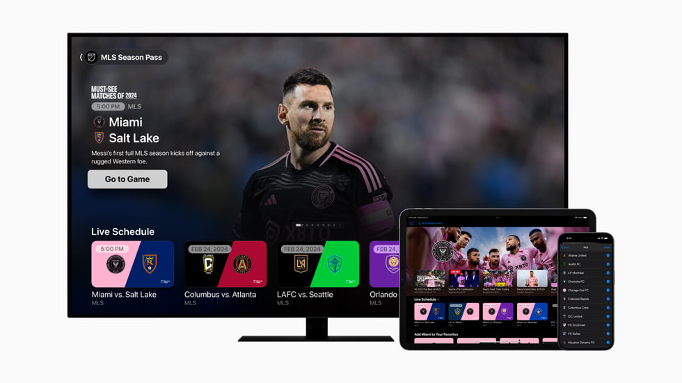 MLS Season Pass i Apple TV-appen med Inter Miami CF på et Smart TV, en 11" iPad Pro og en iPhone 15 Pro.