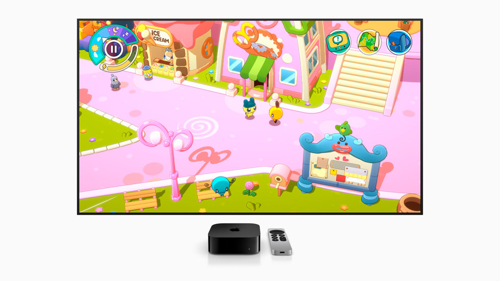 Fotos z gry Tamagotchi Adventure Kingdom wyświetlanej za pośrednictwem Apple TV.